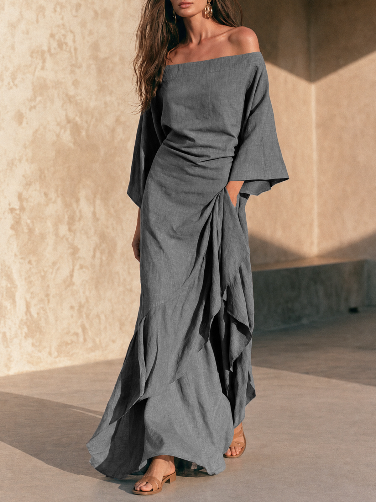 Edwina | Off-Shoulder Ruffle Hem Maxi Dress