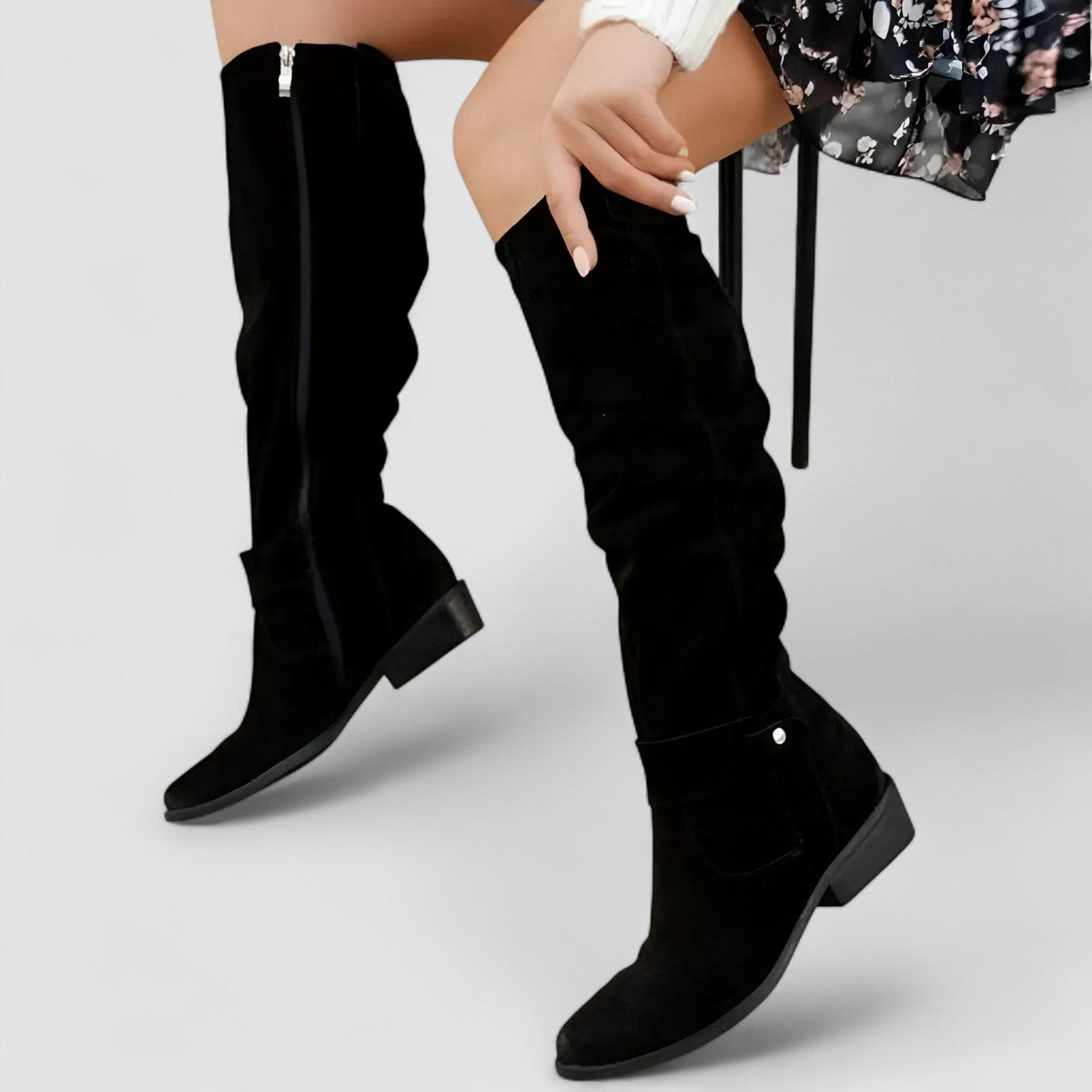 Charlotte | Suede-Look Knee-High Low Heel Boots