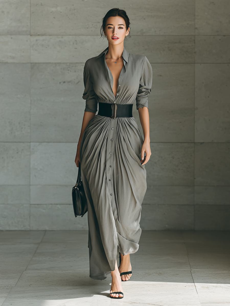 Margery | Belted Pleated Maxi Shirt Dress