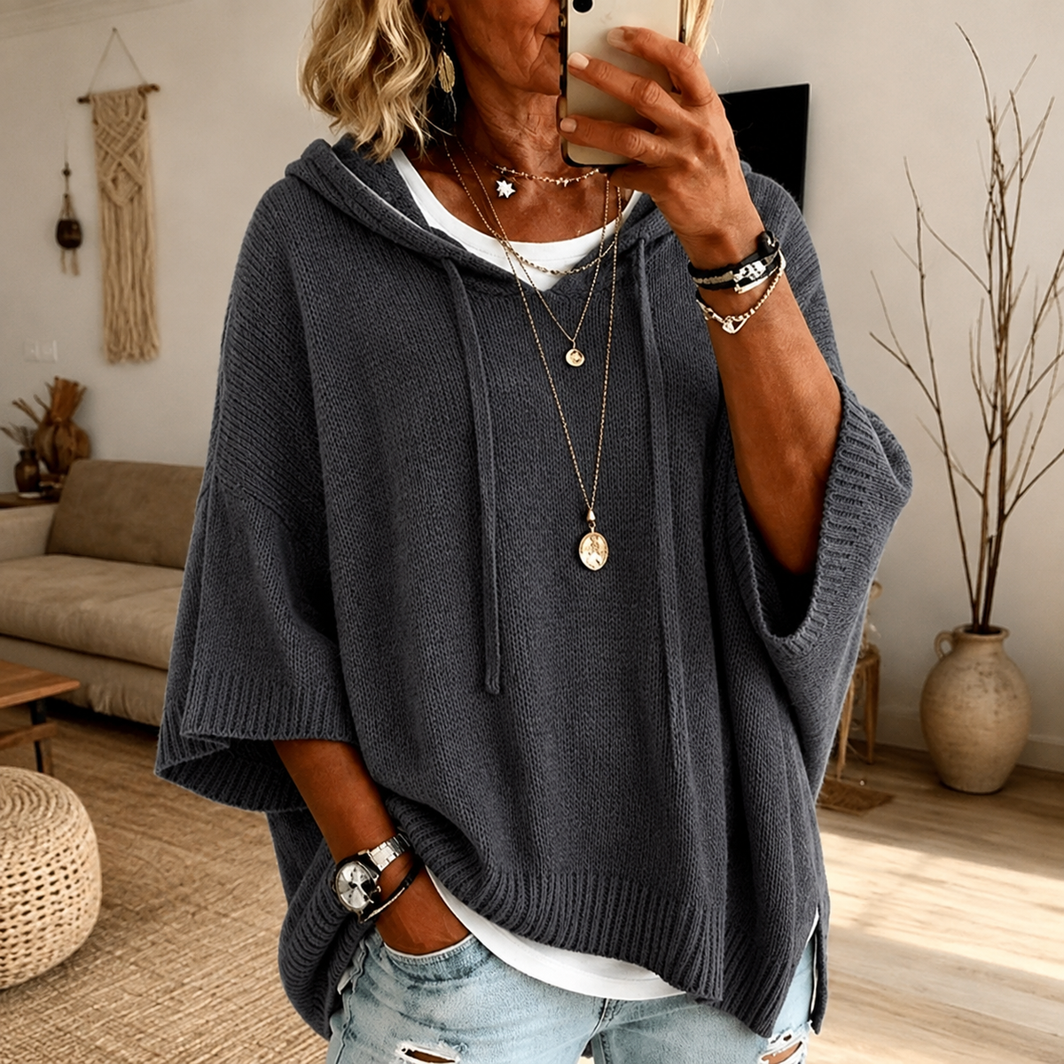 Sabine | Charcoal Hooded Poncho Sweater