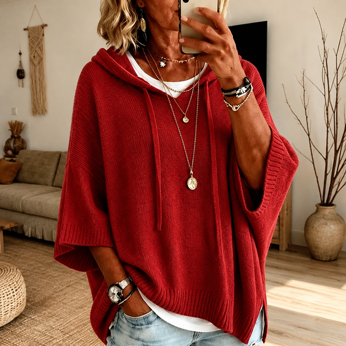 Claire | Red Hooded Poncho Sweater