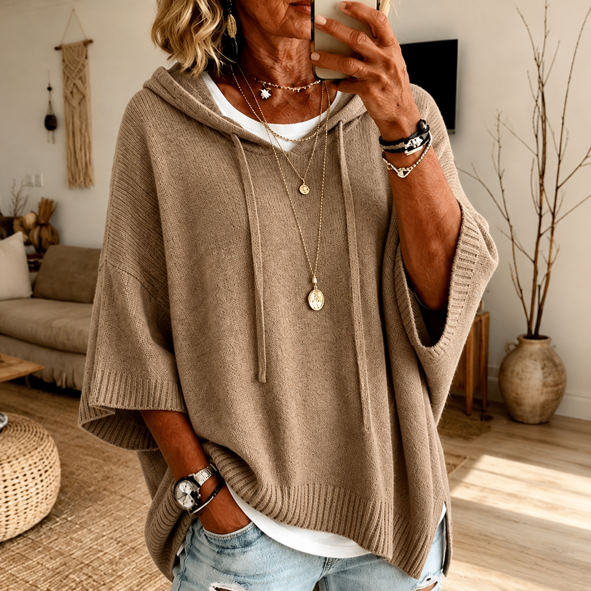 Manon | Taupe Hooded Poncho Sweater