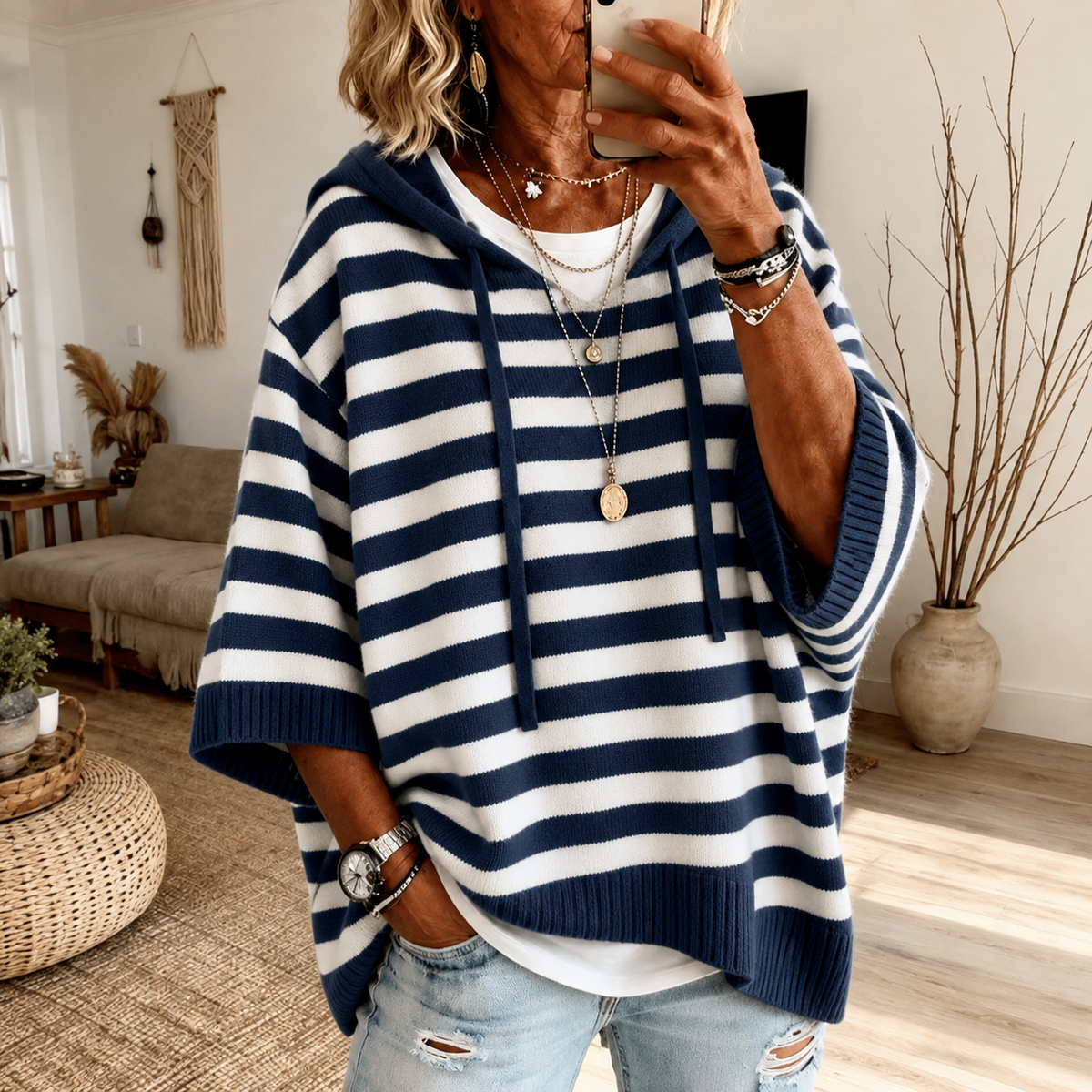 Marine | Navy Blue Striped Hooded Poncho Sweater