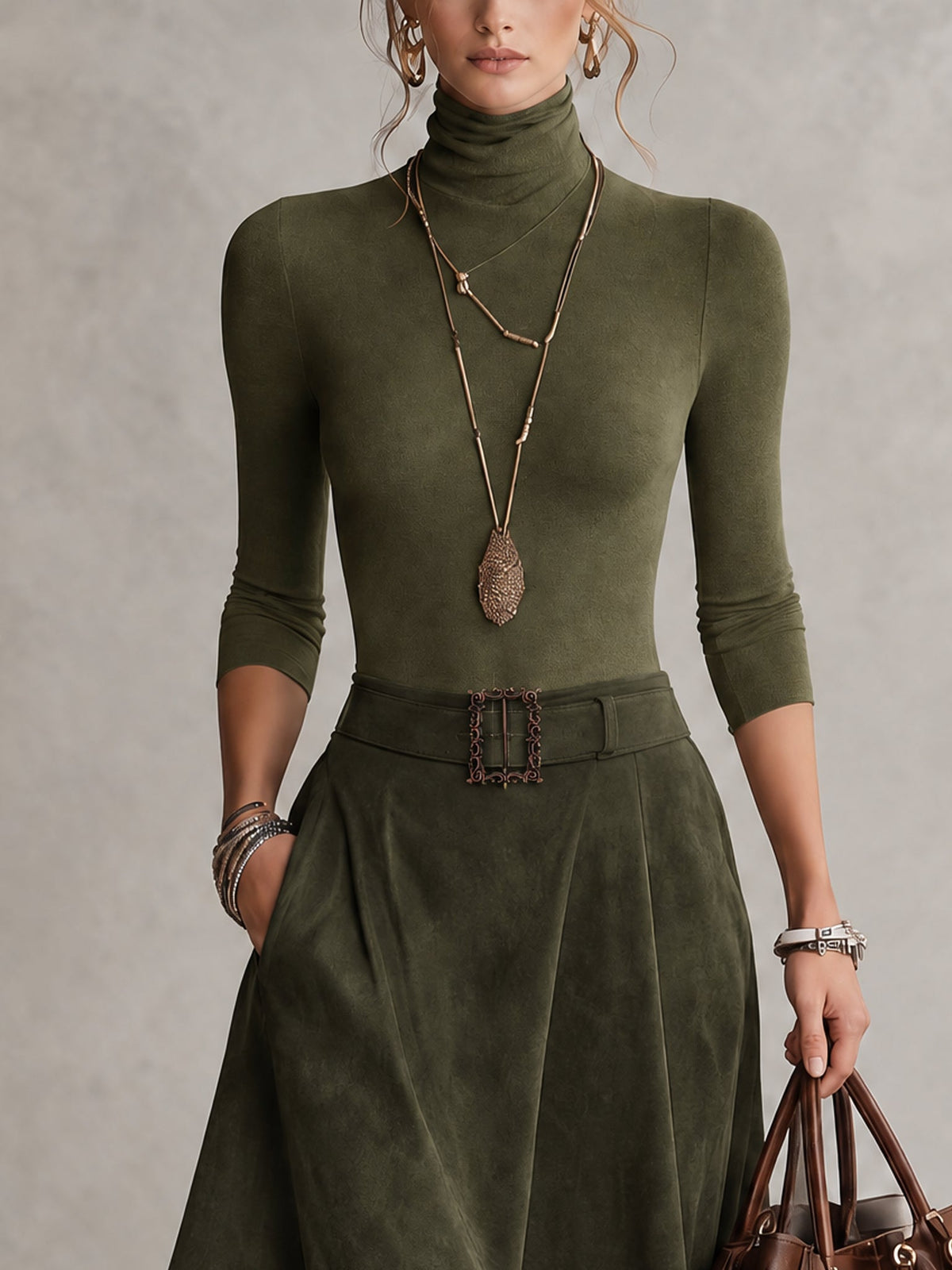 Turtleneck Top And Asymmetrical Skirt Set (with belt)