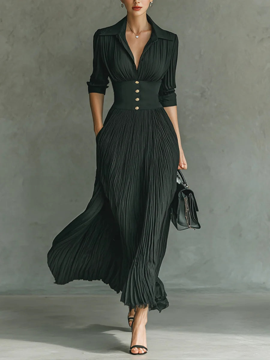 Eileen | Pleated Lapel Maxi Dress