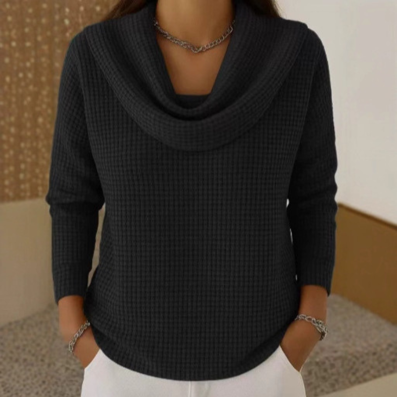 Amber™ – Warm Waffle Sweater with Elegant Waterfall Neckline