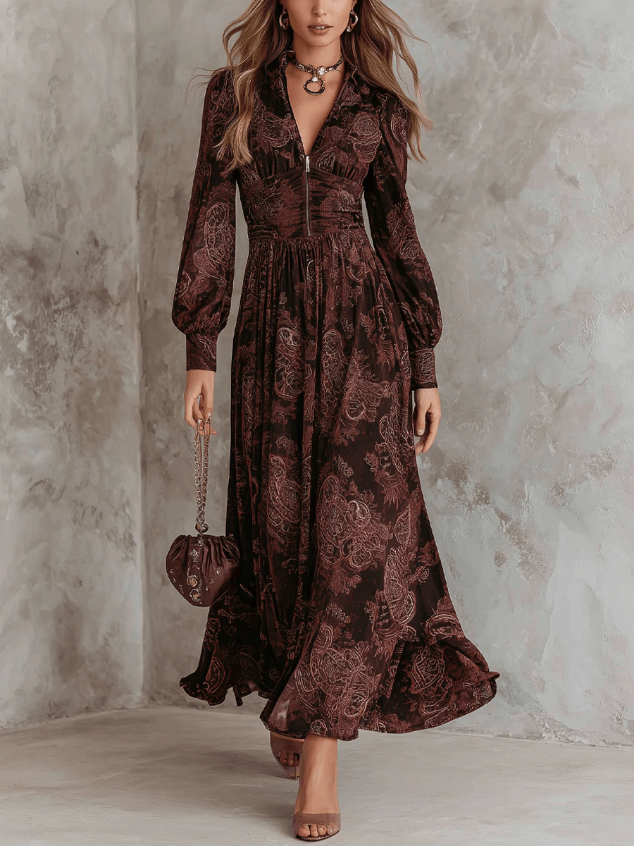 Maxi Dress with Paisley Print and Waist Accent