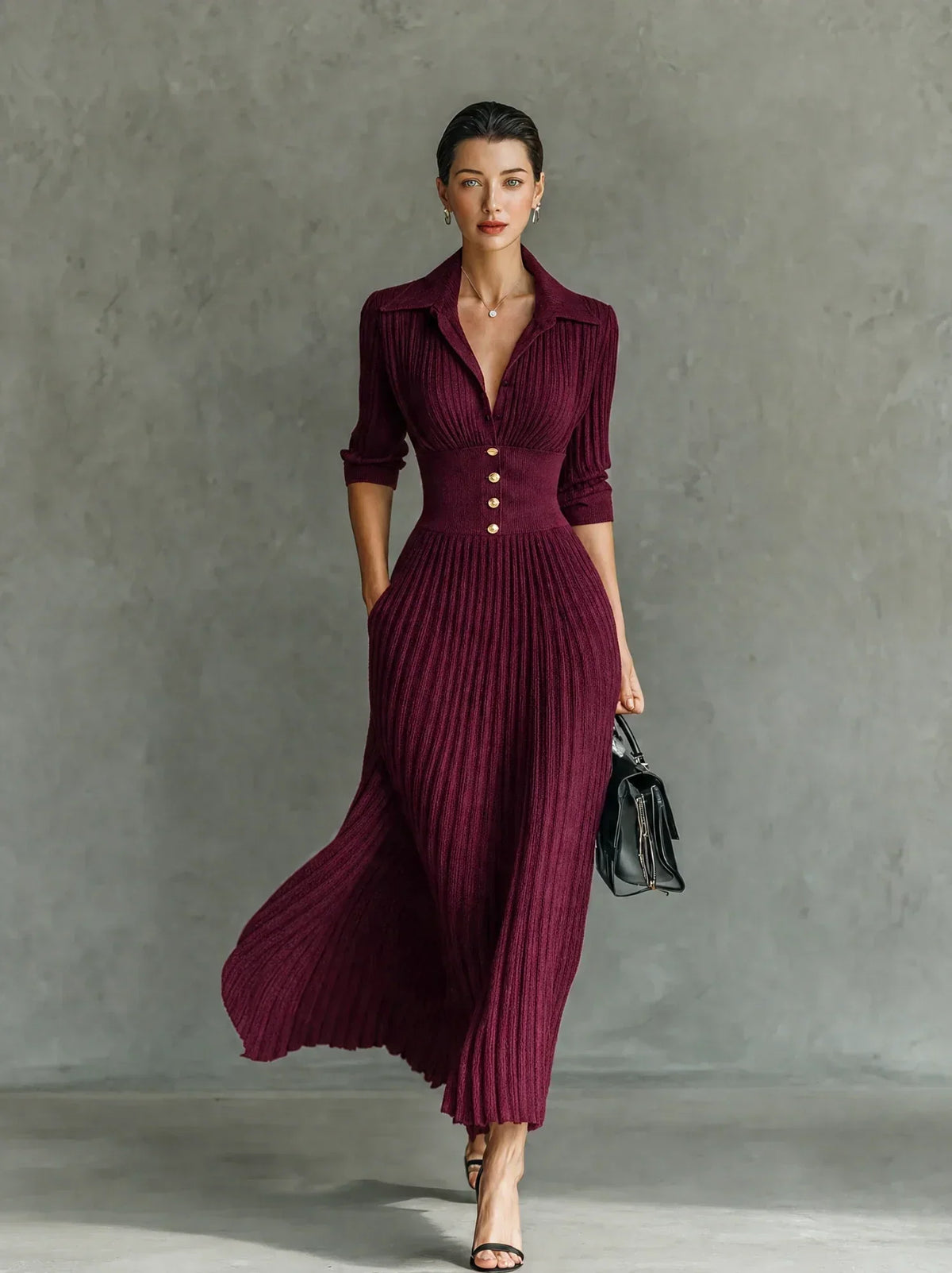 Eileen | Pleated Lapel Maxi Dress
