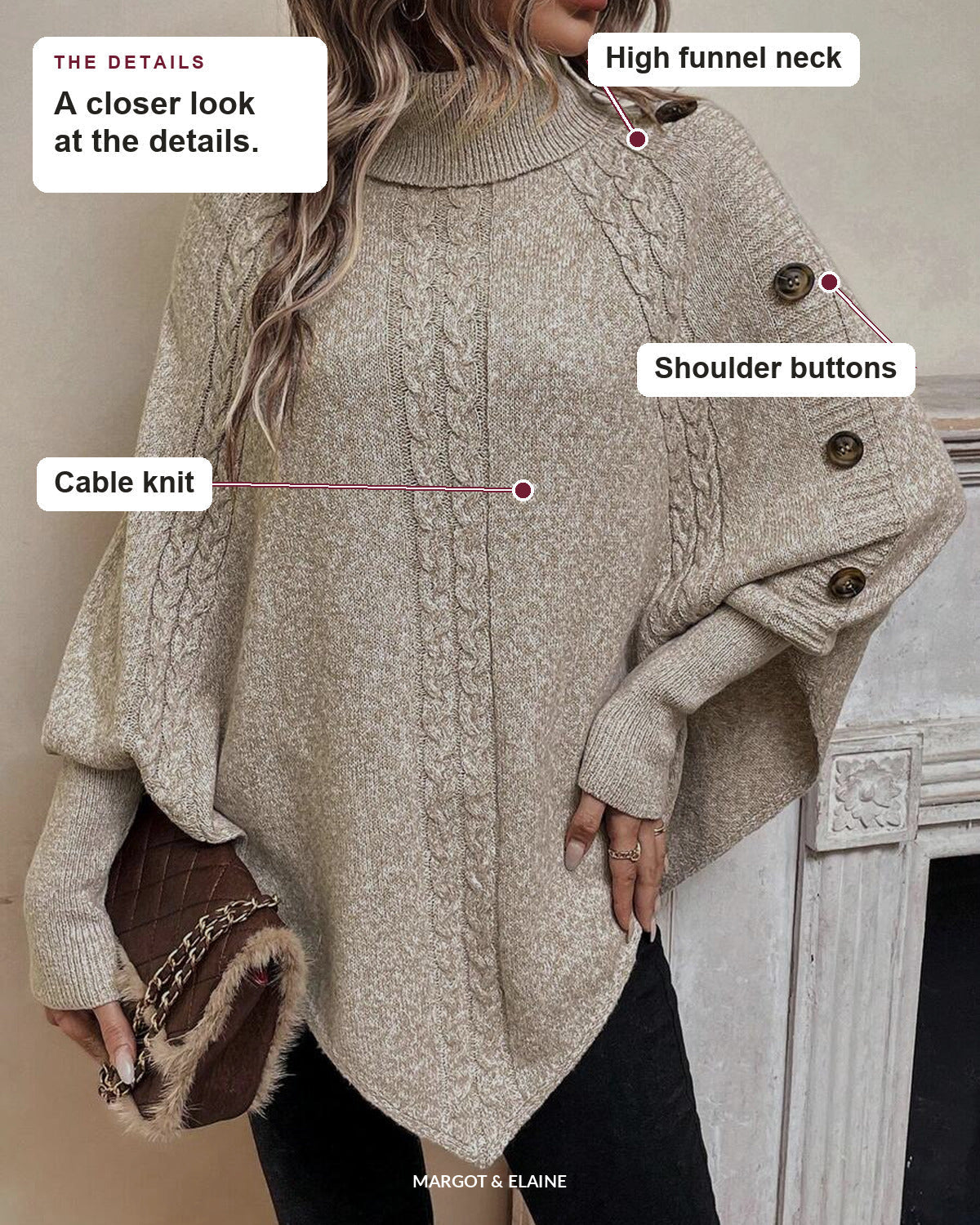 Alexis | Cable Knit Batwing Poncho Sweater