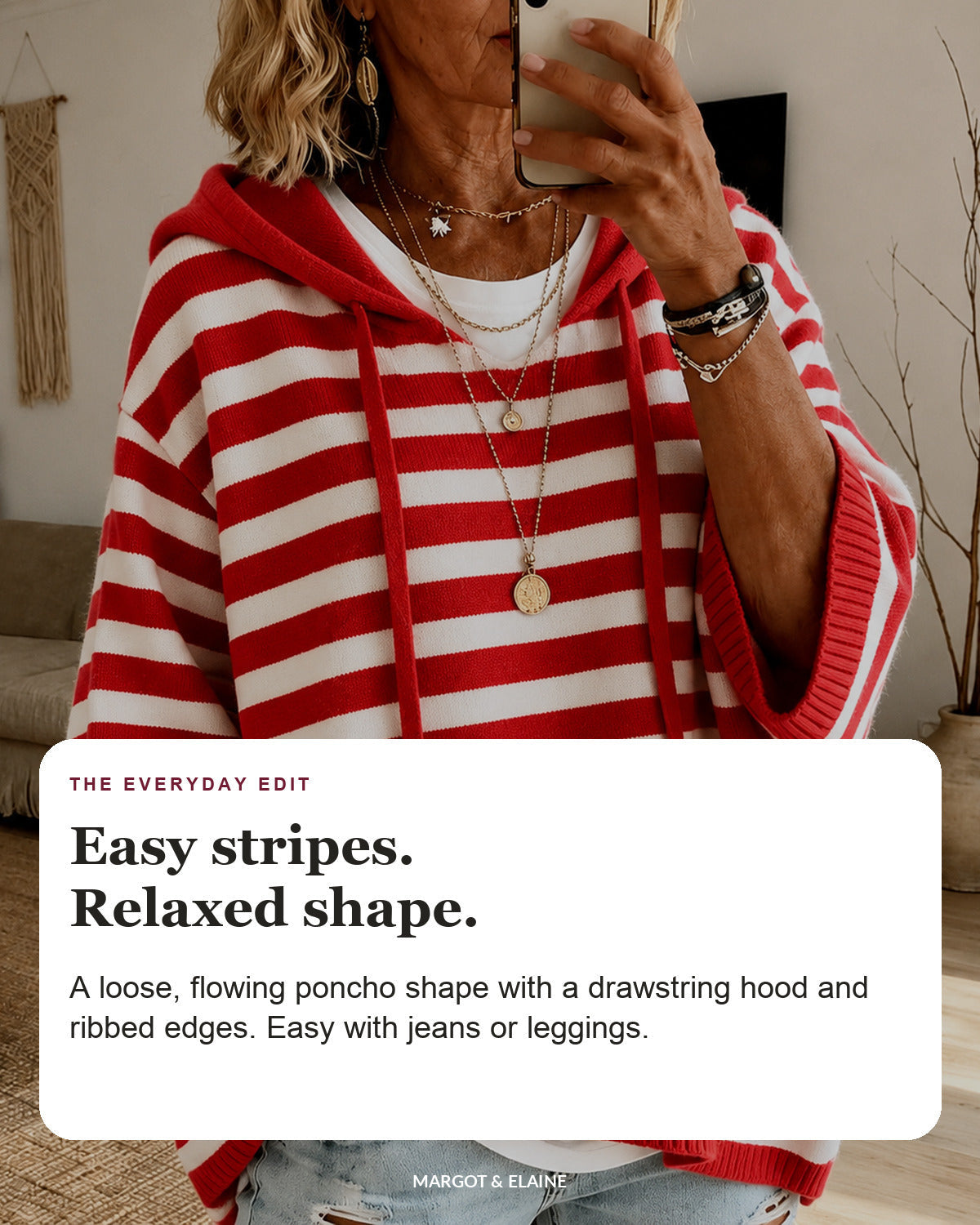 Cecile | Red Striped Hooded Poncho Sweater