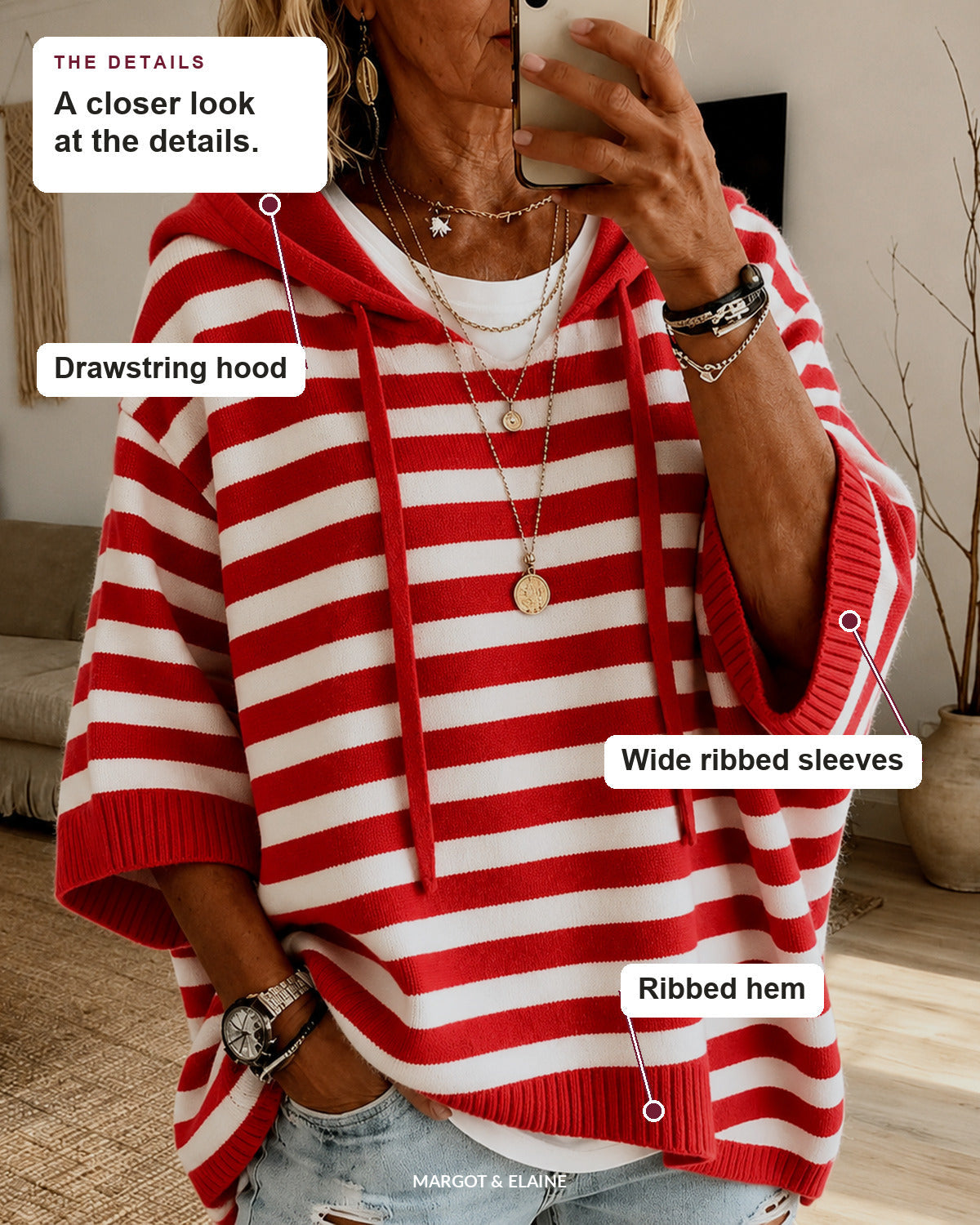 Cecile | Red Striped Hooded Poncho Sweater