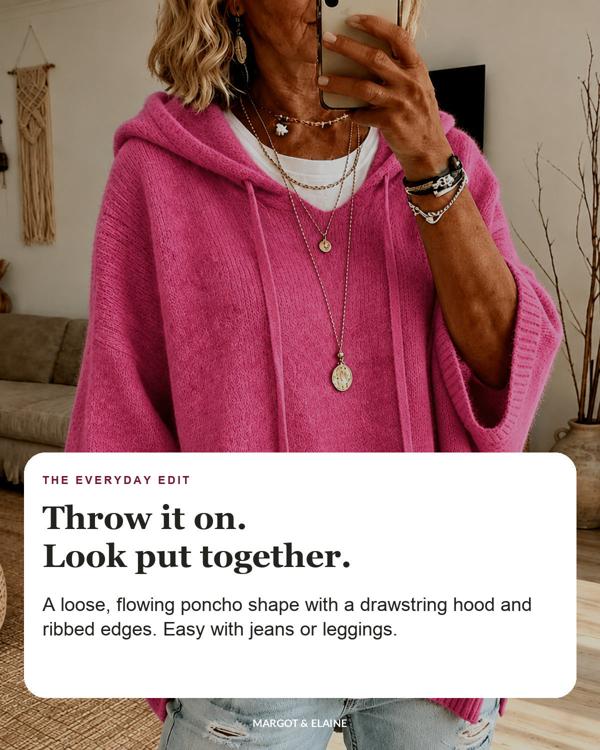 Chloe | Pink Hooded Poncho Sweater