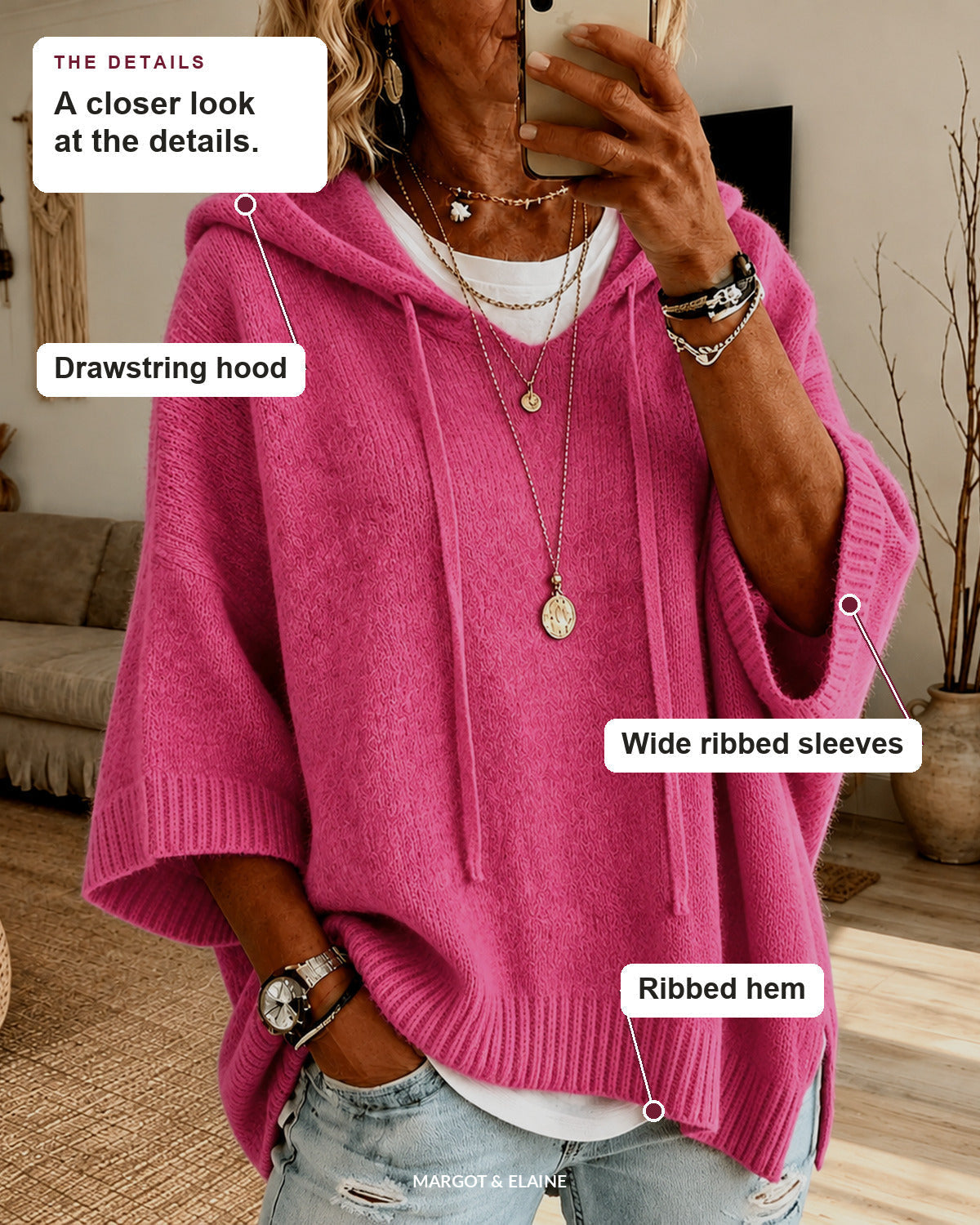 Chloe | Pink Hooded Poncho Sweater