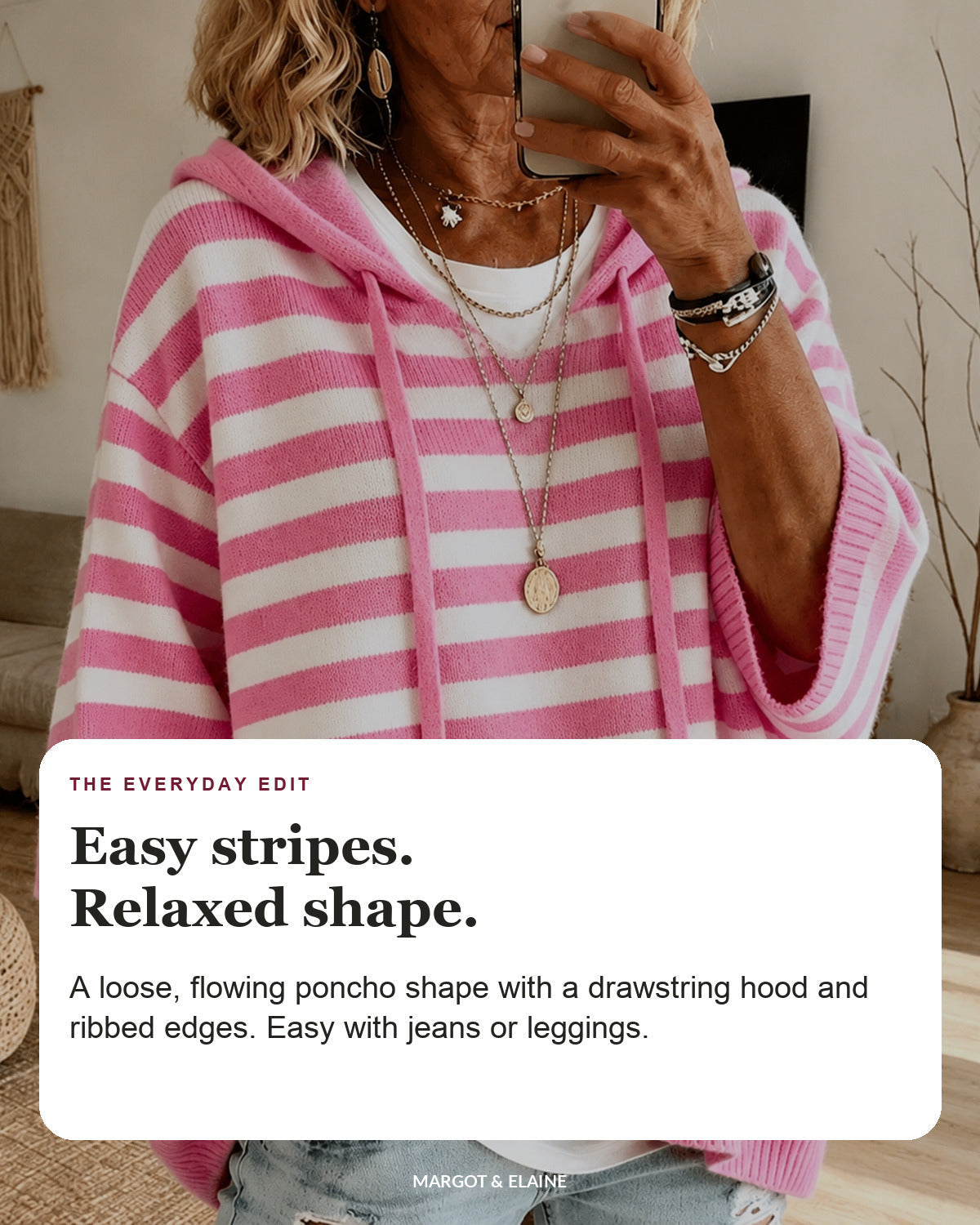 Emilie | Pink Striped Hooded Poncho Sweater