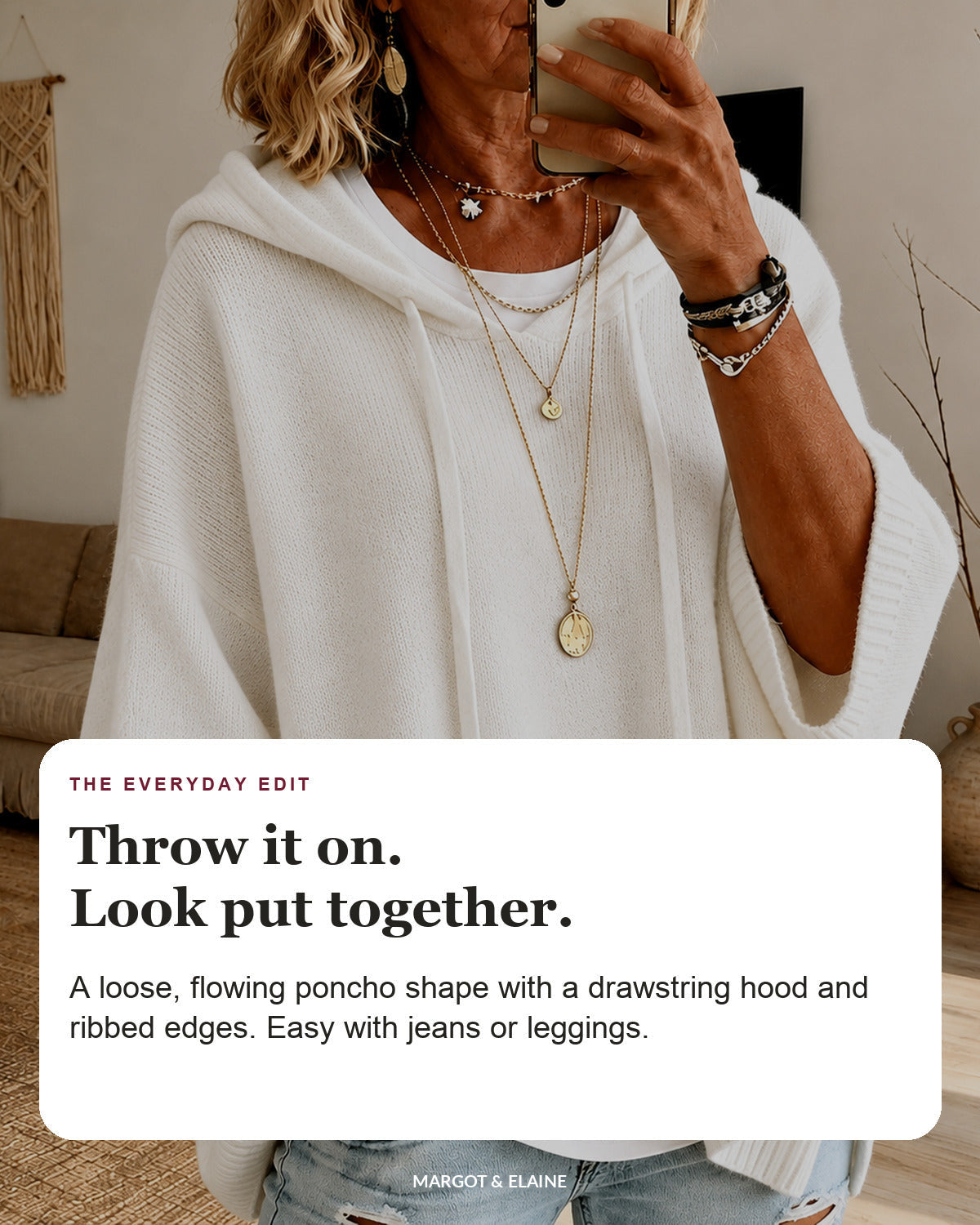 Janice | White Hooded Poncho Sweater