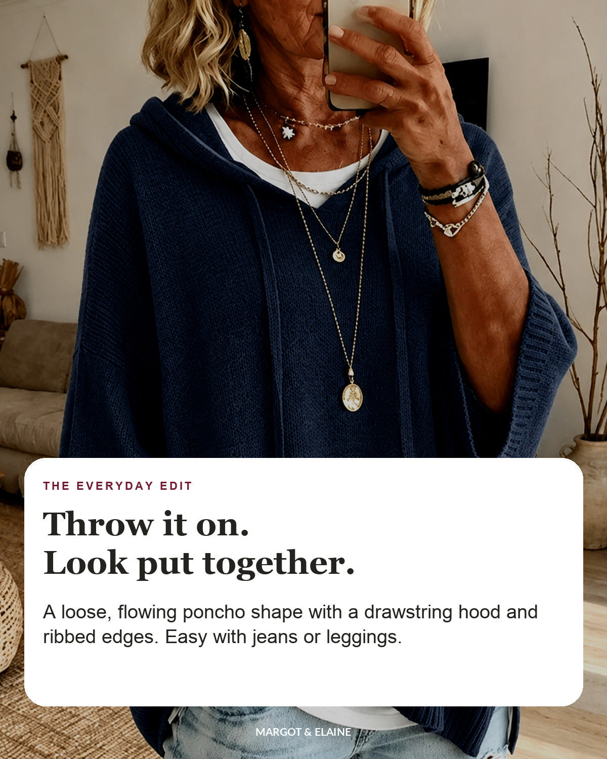 Jeanne | Navy Blue Hooded Poncho Sweater