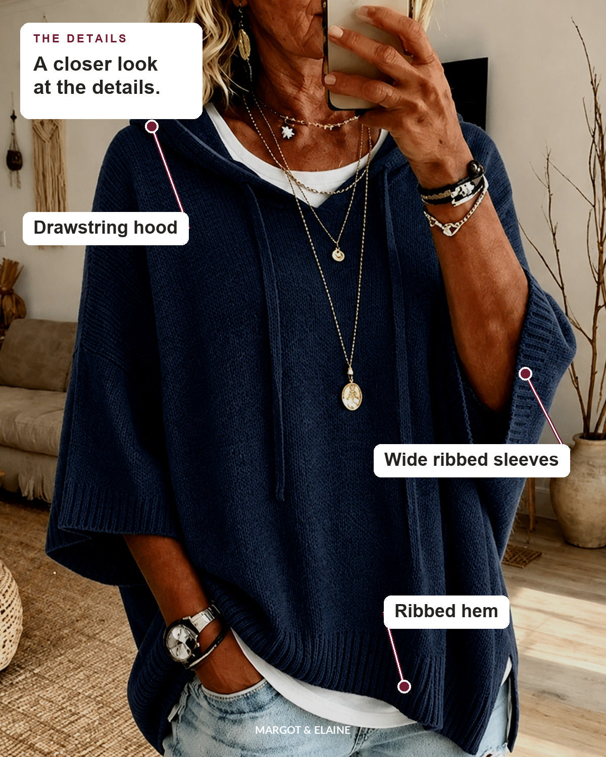 Jeanne | Navy Blue Hooded Poncho Sweater