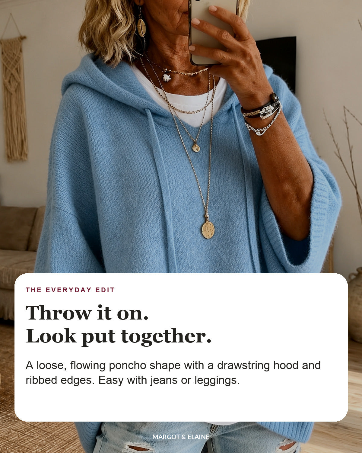 Lea | Sky Blue Hooded Poncho Sweater