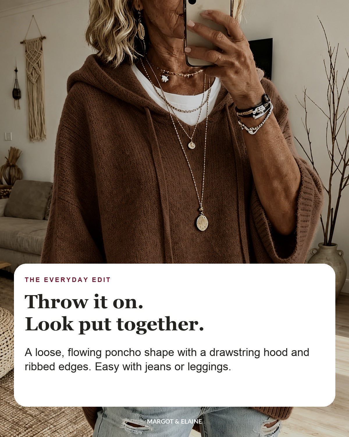 Louise | Brown Hooded Poncho Sweater