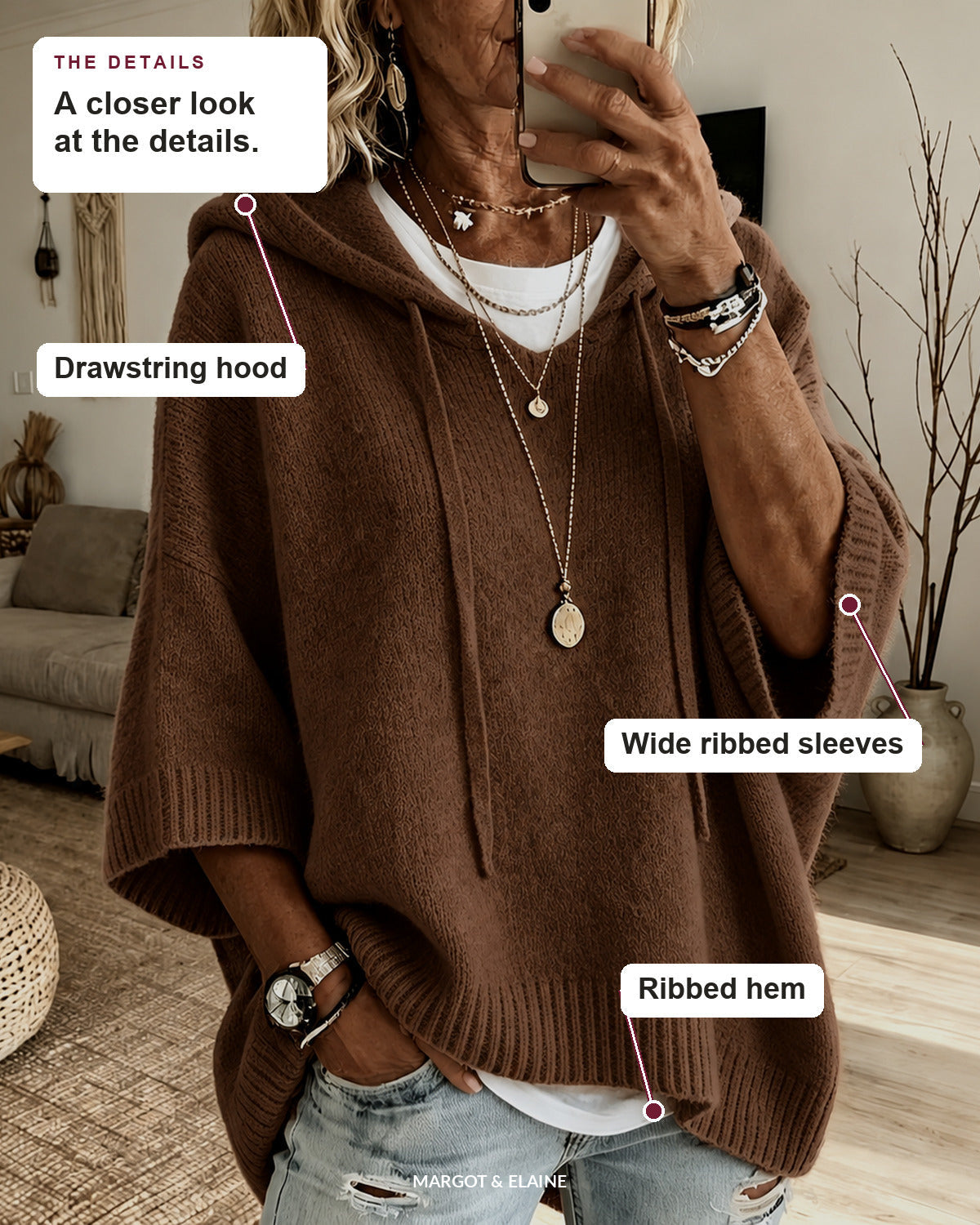 Louise | Brown Hooded Poncho Sweater