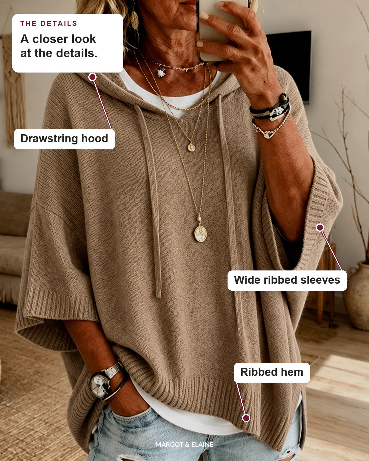 Manon | Taupe Hooded Poncho Sweater