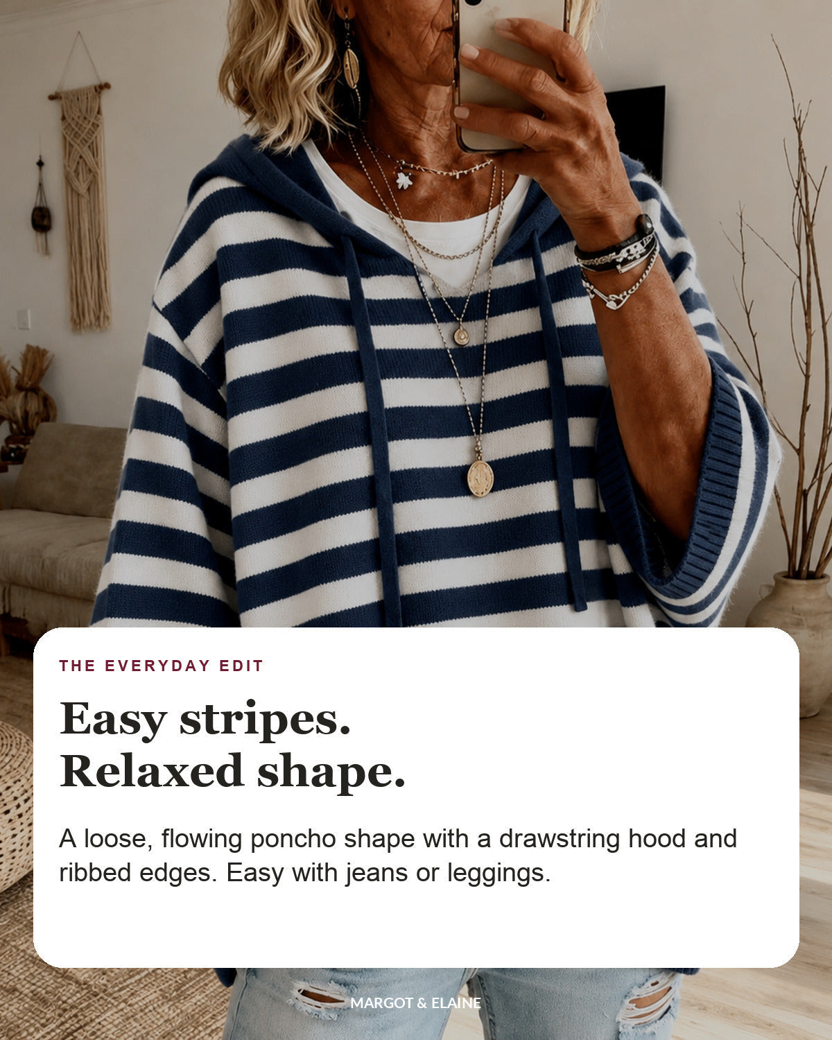 Marine | Navy Blue Striped Hooded Poncho Sweater