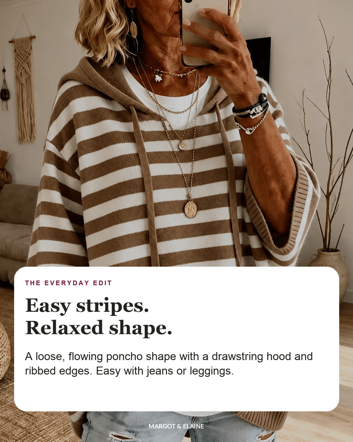 Mathilde | Taupe Striped Hooded Poncho Sweater
