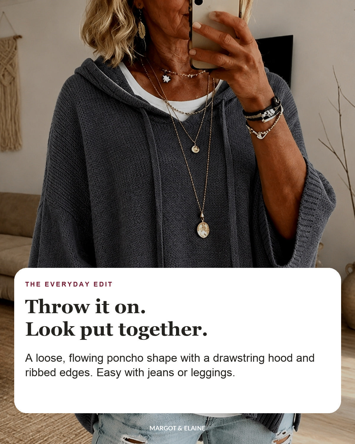 Sabine | Charcoal Hooded Poncho Sweater