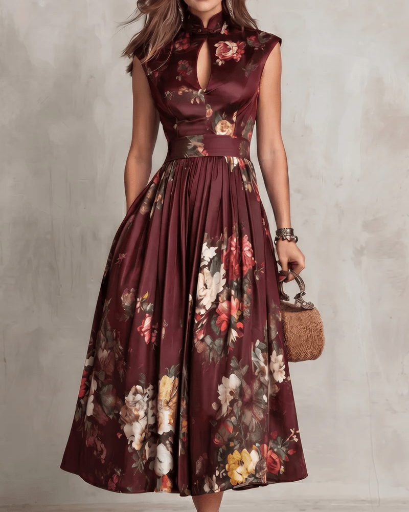 French Collar Floral Pleated Satin Midi Dress