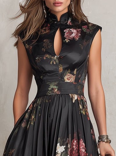 French Collar Floral Pleated Satin Midi Dress