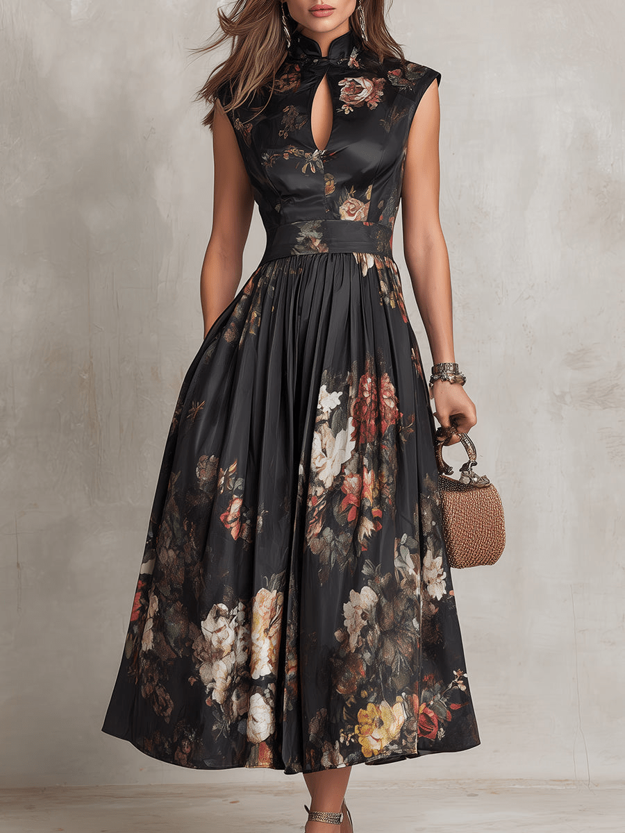 French Collar Floral Pleated Satin Midi Dress