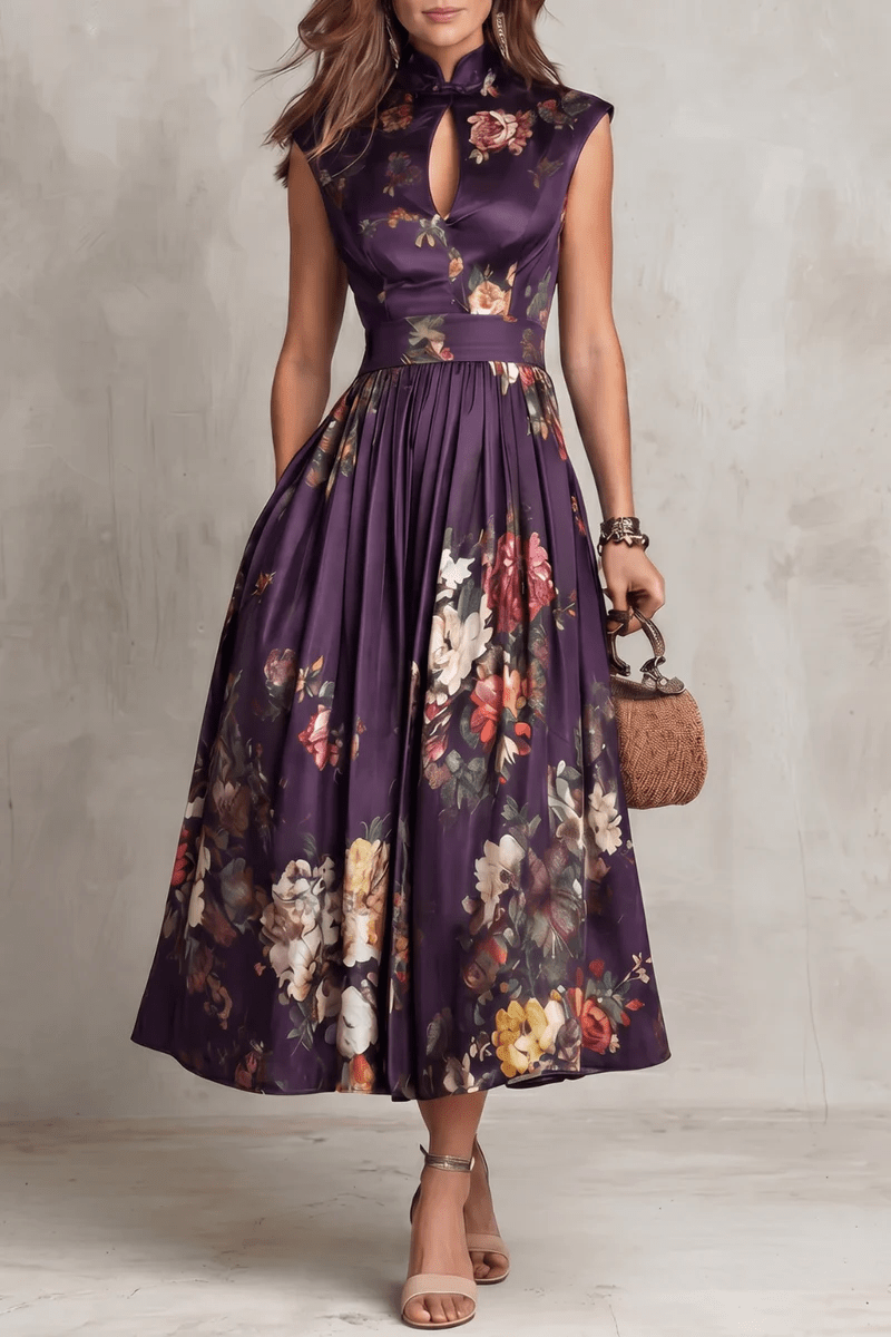 French Collar Floral Pleated Satin Midi Dress