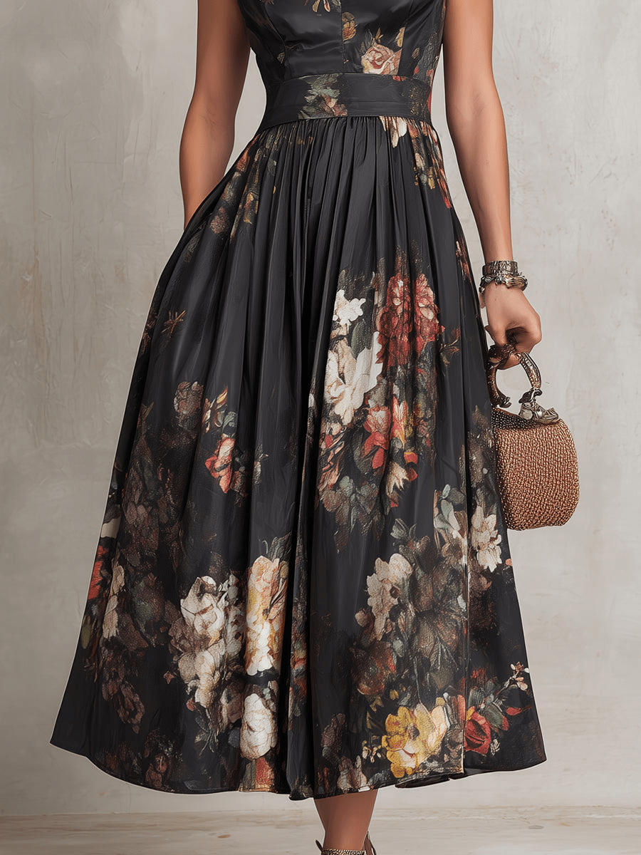 French Collar Floral Pleated Satin Midi Dress