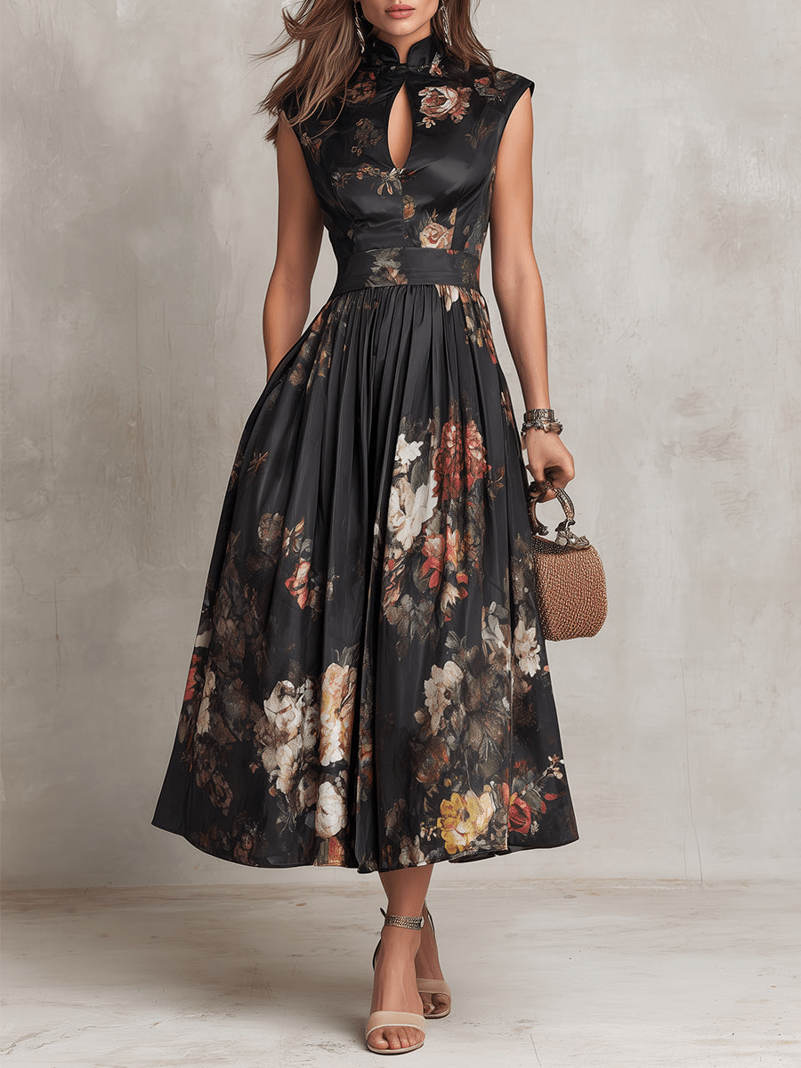 French Collar Floral Pleated Satin Midi Dress