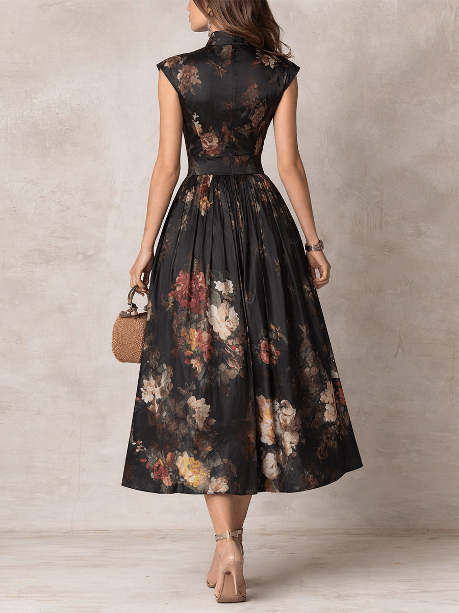 French Collar Floral Pleated Satin Midi Dress