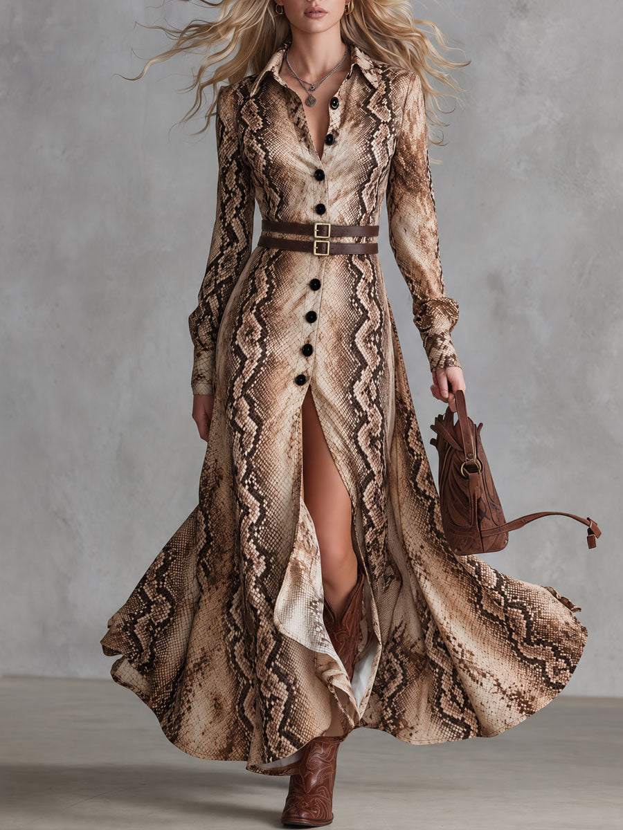 Georgiana | Reptile Print Belted Shirt Dress