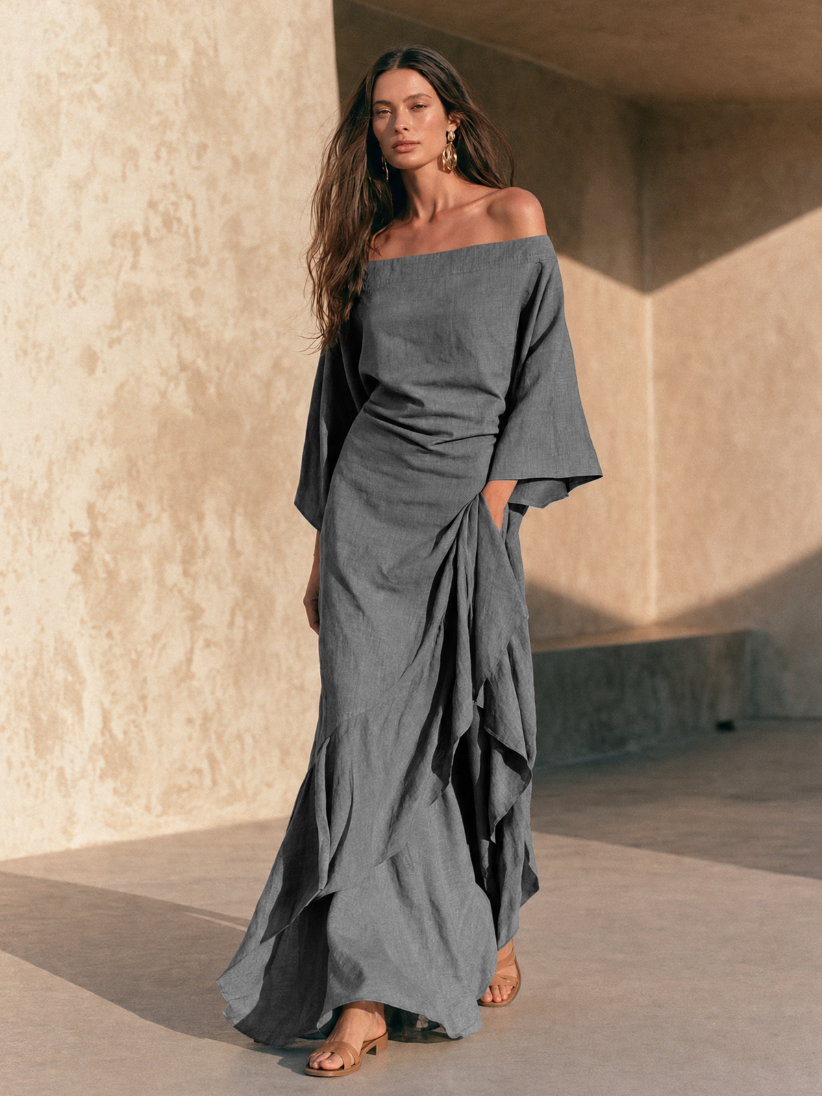 Edwina | Off-Shoulder Ruffle Hem Maxi Dress