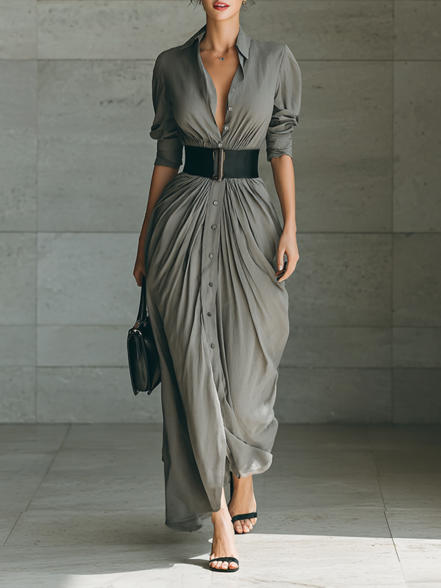 Margery | Belted Pleated Maxi Shirt Dress