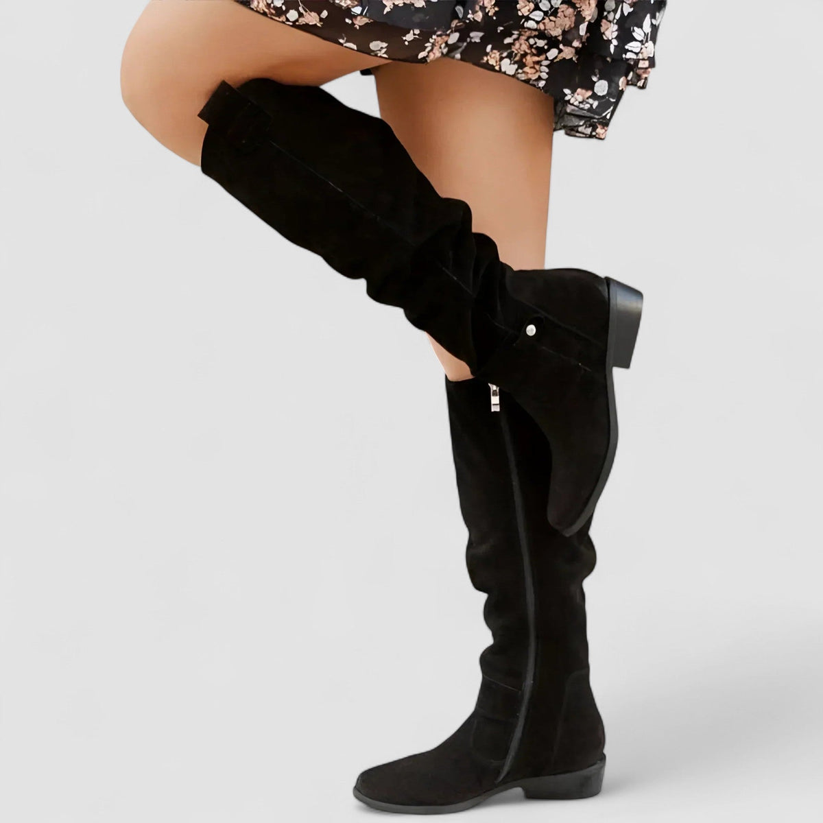 Charlotte | Suede-Look Knee-High Low Heel Boots