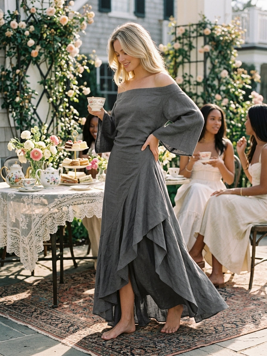 Edwina | Off-Shoulder Ruffle Hem Maxi Dress
