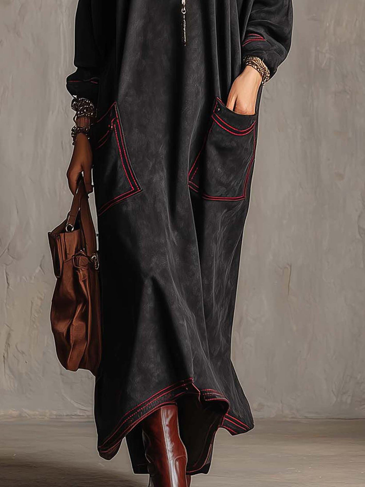 Cynthia | Contrast-Stitch Faux Suede Maxi Dress