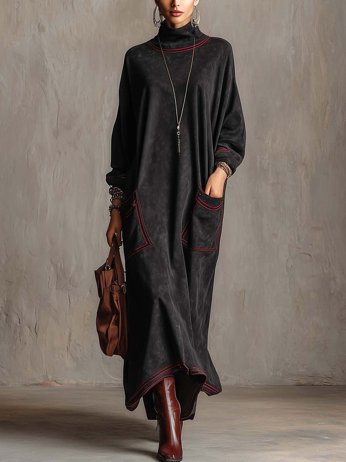 Cynthia | Contrast-Stitch Faux Suede Maxi Dress