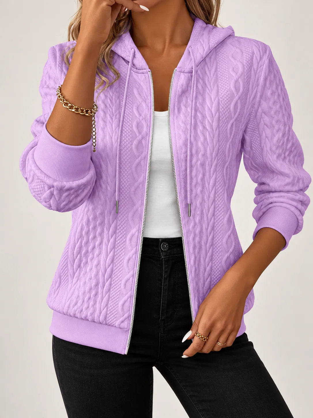 Amara | Textured Cable-Knit Zip-Up Hoodie