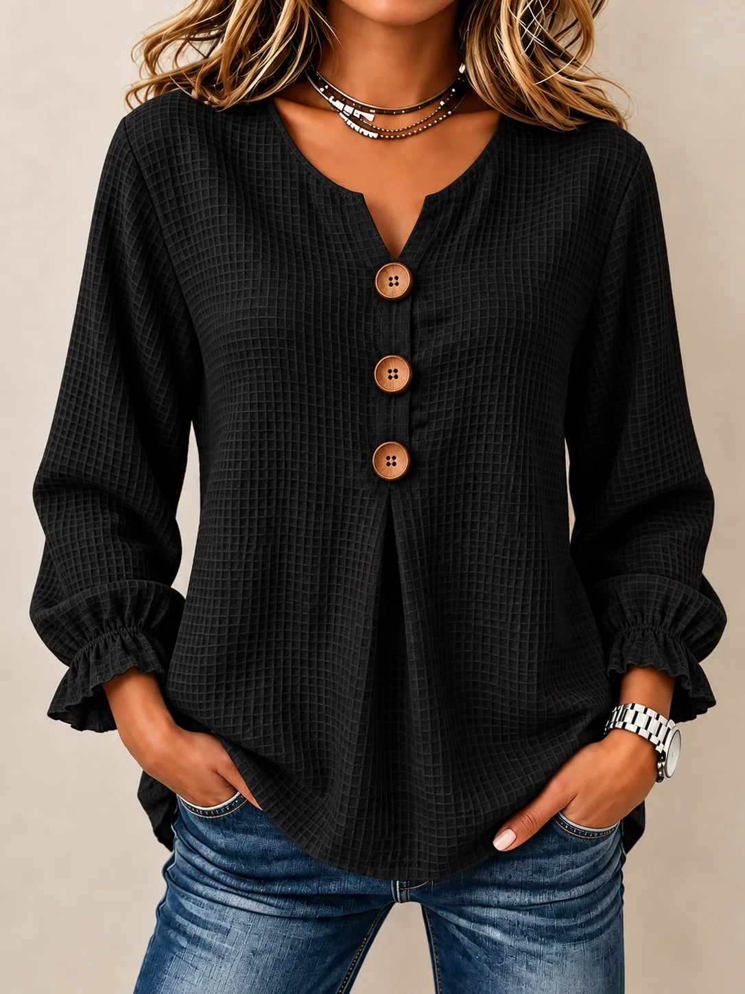 Amelia | Textured Button-Detail Relaxed Blouse