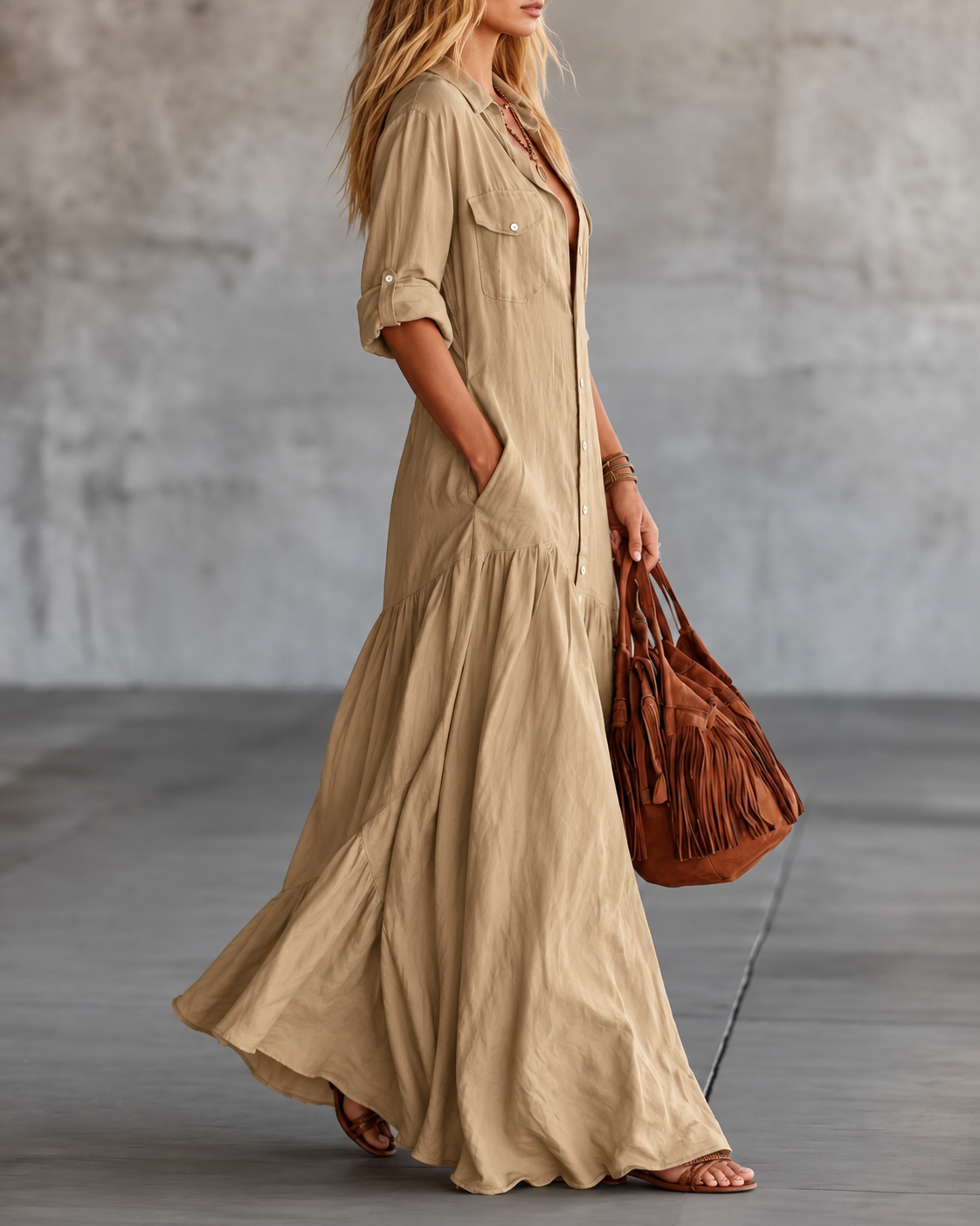 Khaki Low-waisted Long Shirt Dress