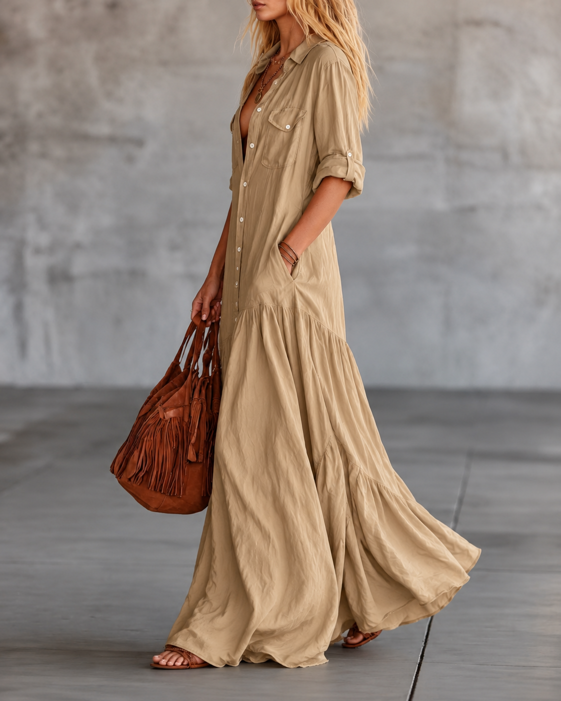 Khaki Low-waisted Long Shirt Dress