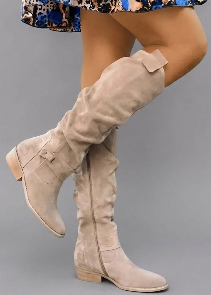 Charlotte | Suede-Look Knee-High Low Heel Boots