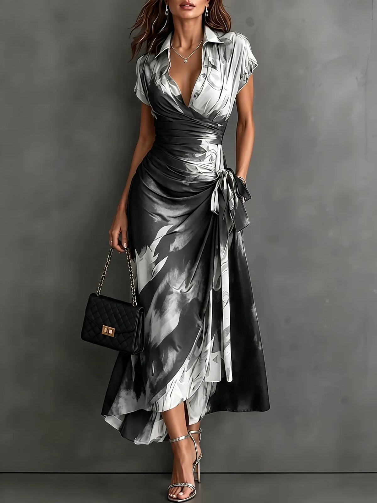 Francesca | Midi Wrap Dress in Abstract Print, Brown