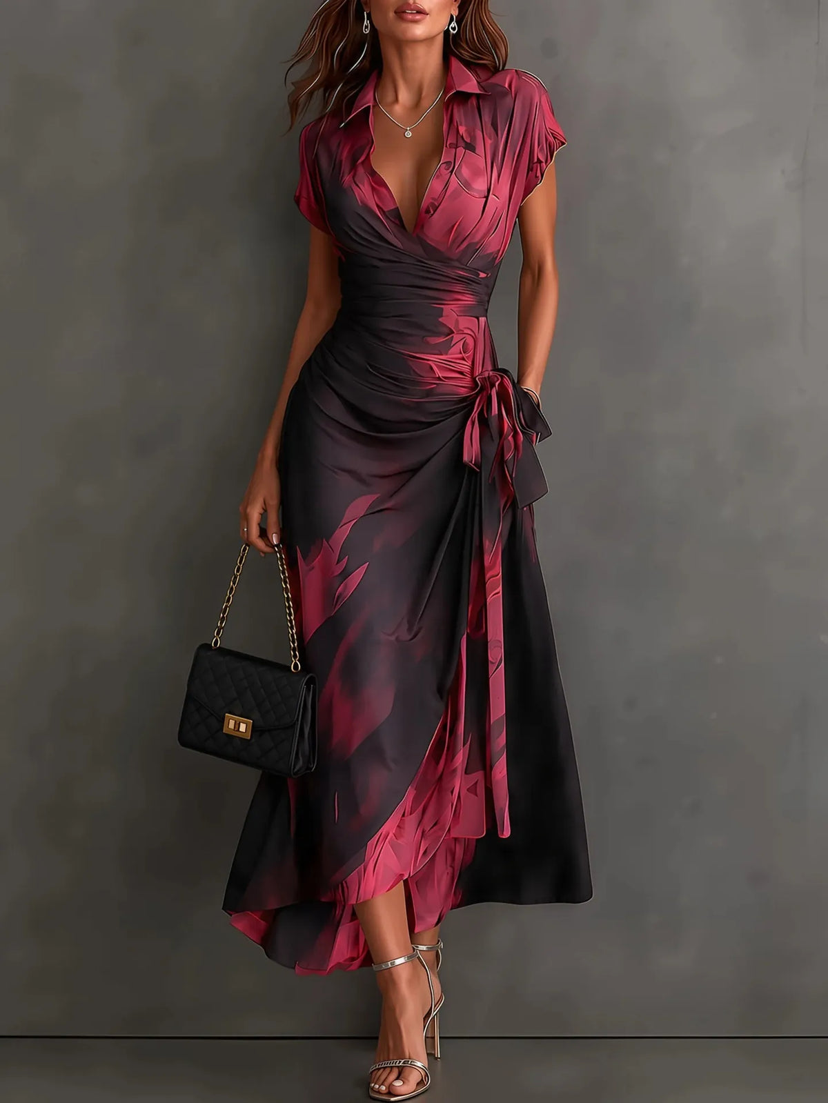 Francesca | Midi Wrap Dress in Abstract Print, Brown