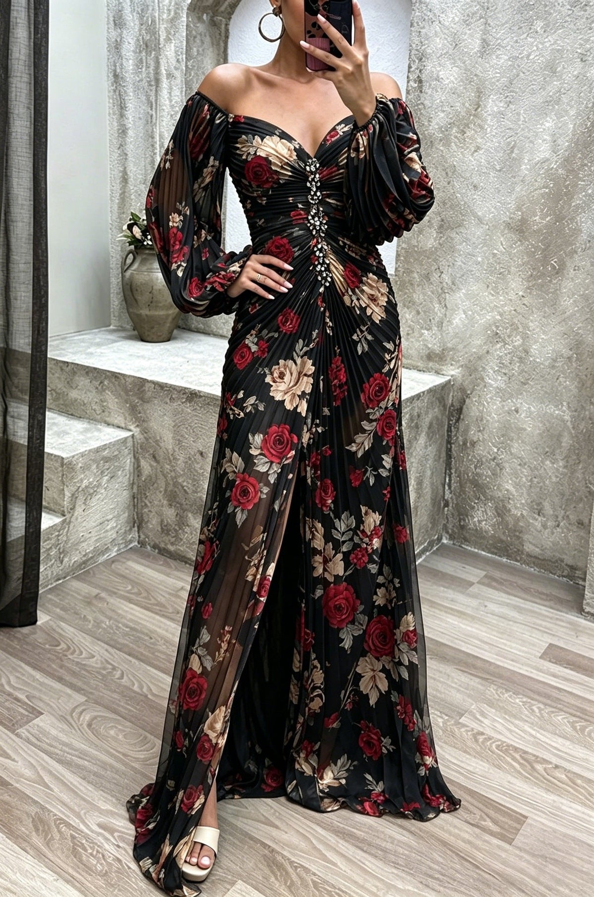 Embellished Ruched Maxi Dress